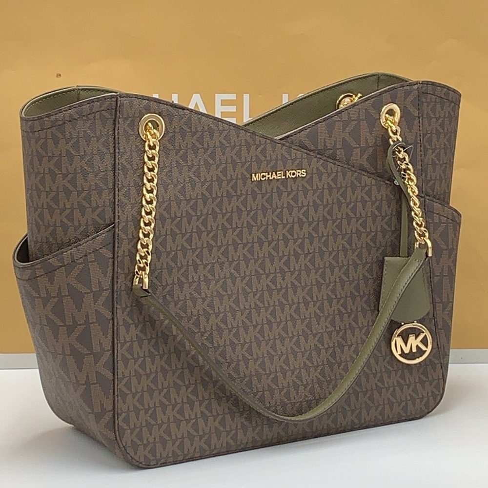 MICHAEL KORS 
Jet Set Large Logo Tote Chain Shoulder Bag 
COLOR OLIVE 
NWT - Picture 7 of 16
